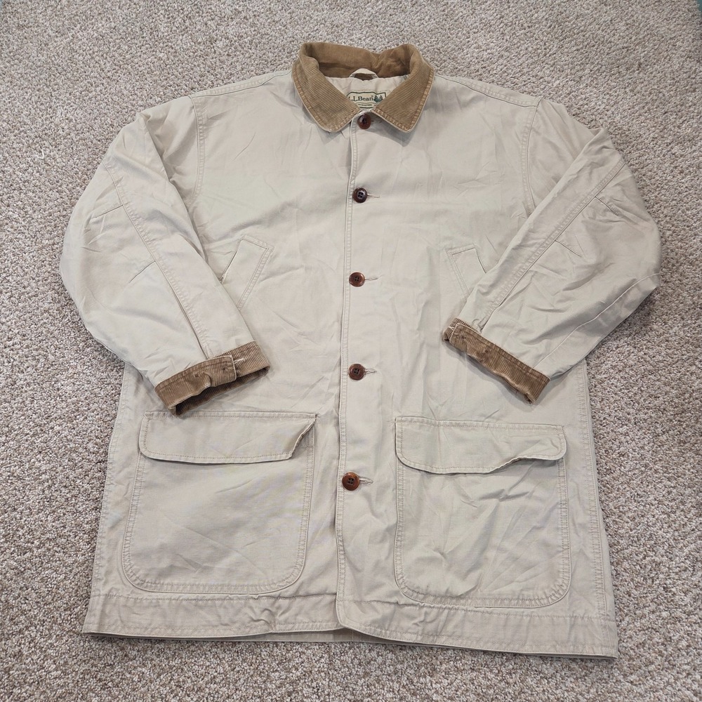 Vintage LL Bean Men's Lined Corduroy Trim Chore Coat Barn Jacket Beige L TALL